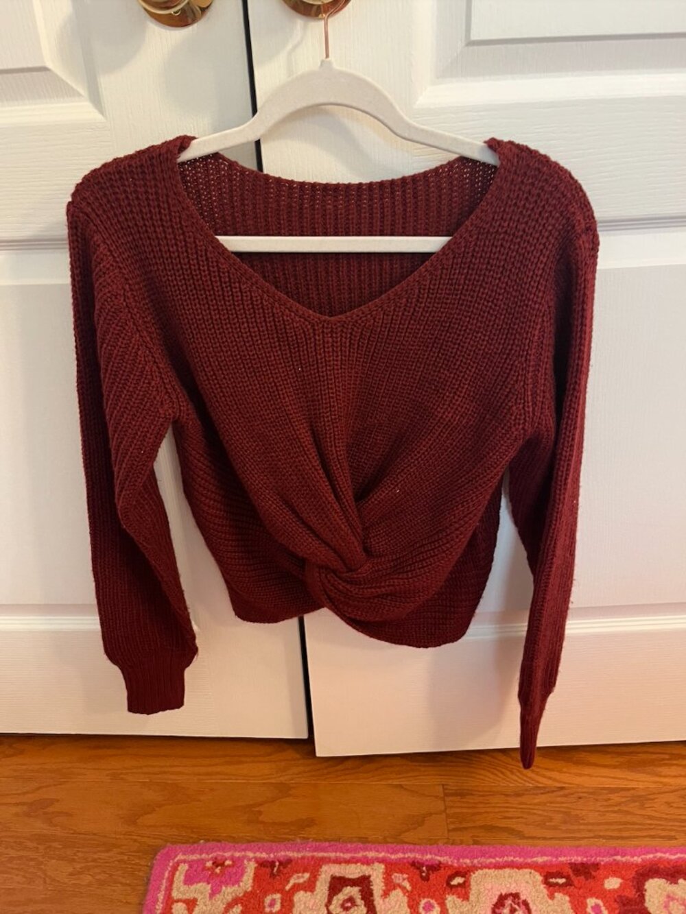 Red Burgundy V-Neck Knit Twist Knot Bottom Long Sleeve Sweater
